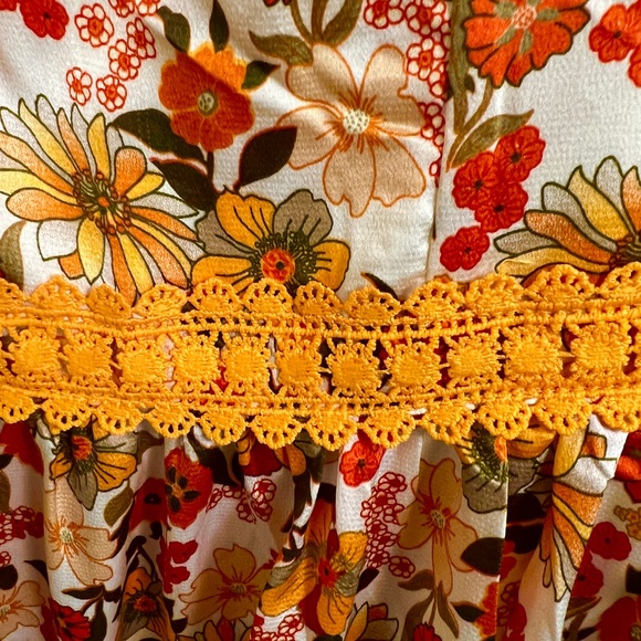 Vibrant Floral Maxi Dress Orange Crochet Straps Tiered Lined Boho Festival Med - Picture 4 of 11